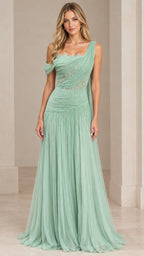 Front view of model wearing sage green asymmetrical draped tulle evening gown