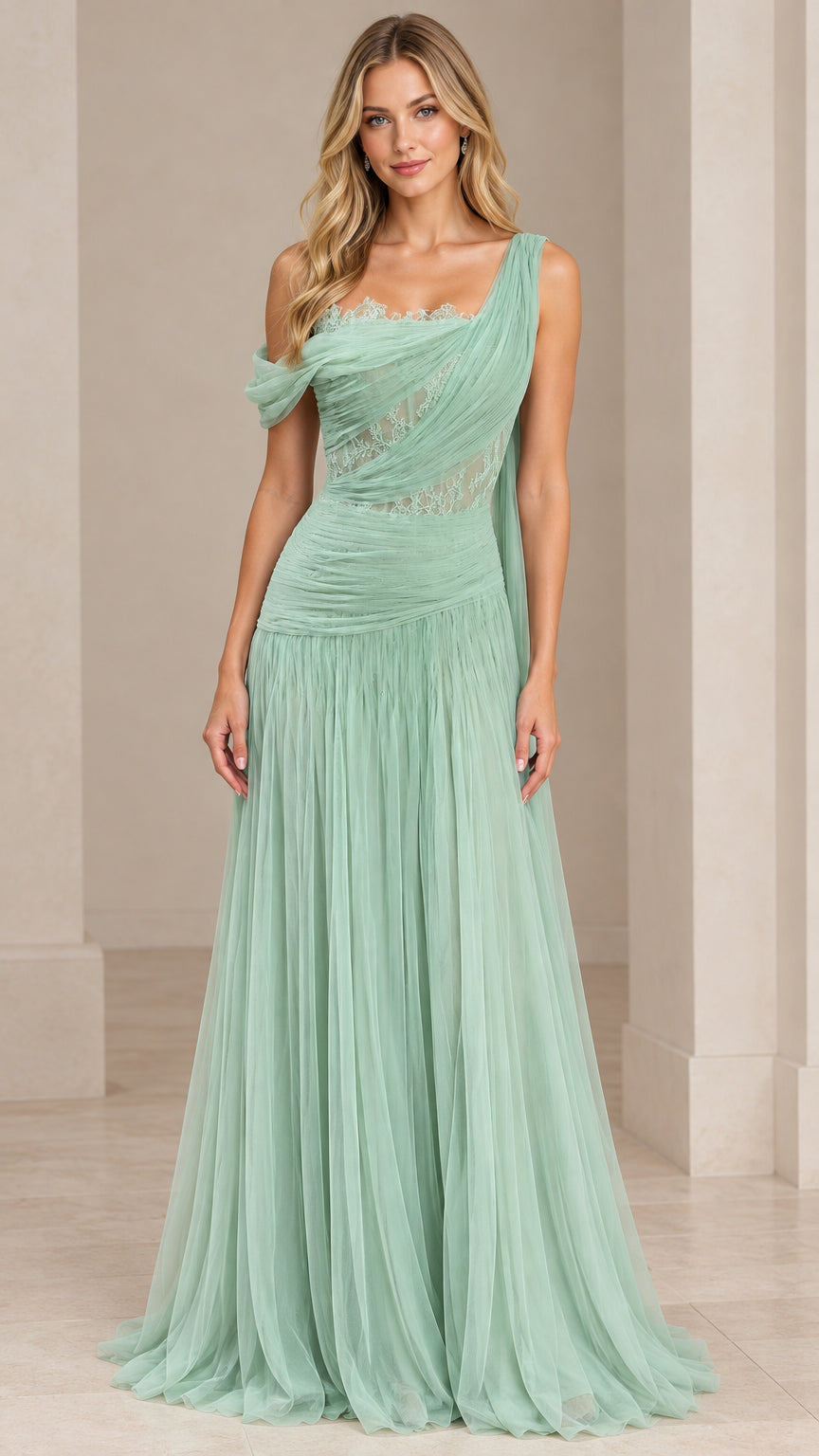 Front view of model wearing sage green asymmetrical draped tulle evening gown