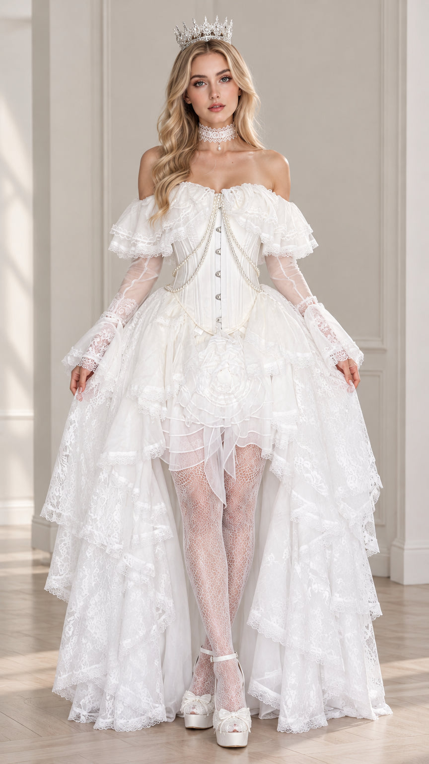 Front view of model wearing white Victorian off-shoulder tiered lace corset gown with tiara
