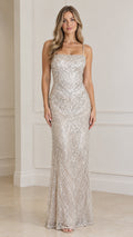 Front full view of champagne sequin beaded floor-length evening gown