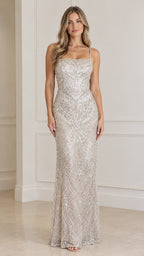 Front full view of champagne sequin beaded floor-length evening gown