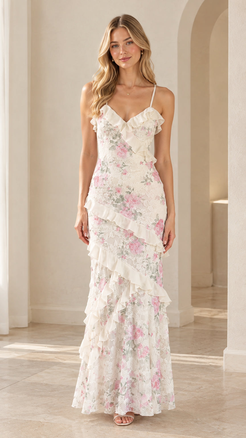 Front full-length view of white floral lace ruffle tiered cami maxi dress on model