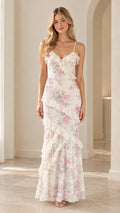 Front full-length view of white floral lace ruffle tiered cami maxi dress on model
