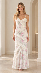Front full-length view of white floral lace ruffle tiered cami maxi dress on model
