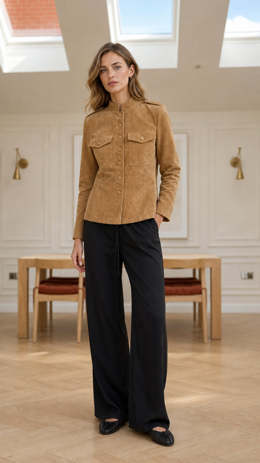 Front full-length view of model wearing camel faux suede button-up jacket with black wide-leg pants