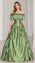 Front view of woman wearing sage green off-shoulder corset ball gown with lace trim