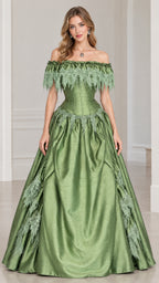 Front view of woman wearing sage green off-shoulder corset ball gown with lace trim