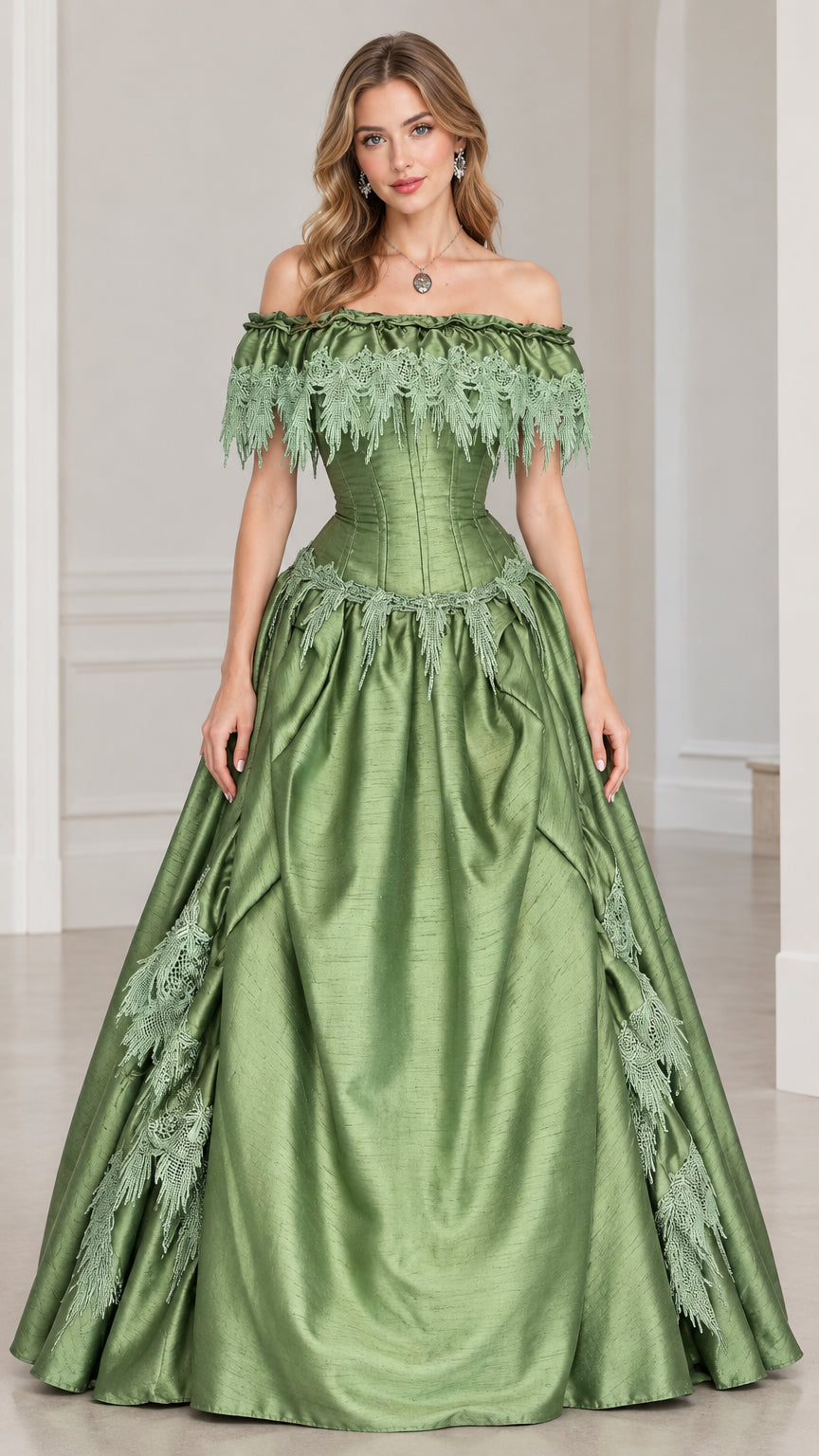 Front view of woman wearing sage green off-shoulder corset ball gown with lace trim