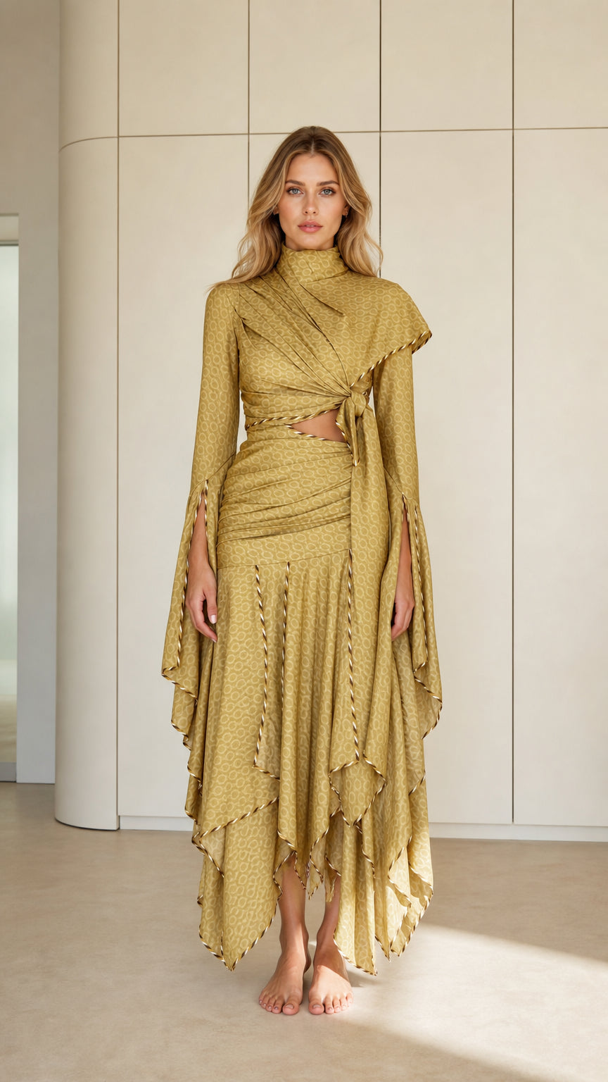 Full front view of Olive Gold high neck draped maxi dress with cutout waist and handkerchief hem