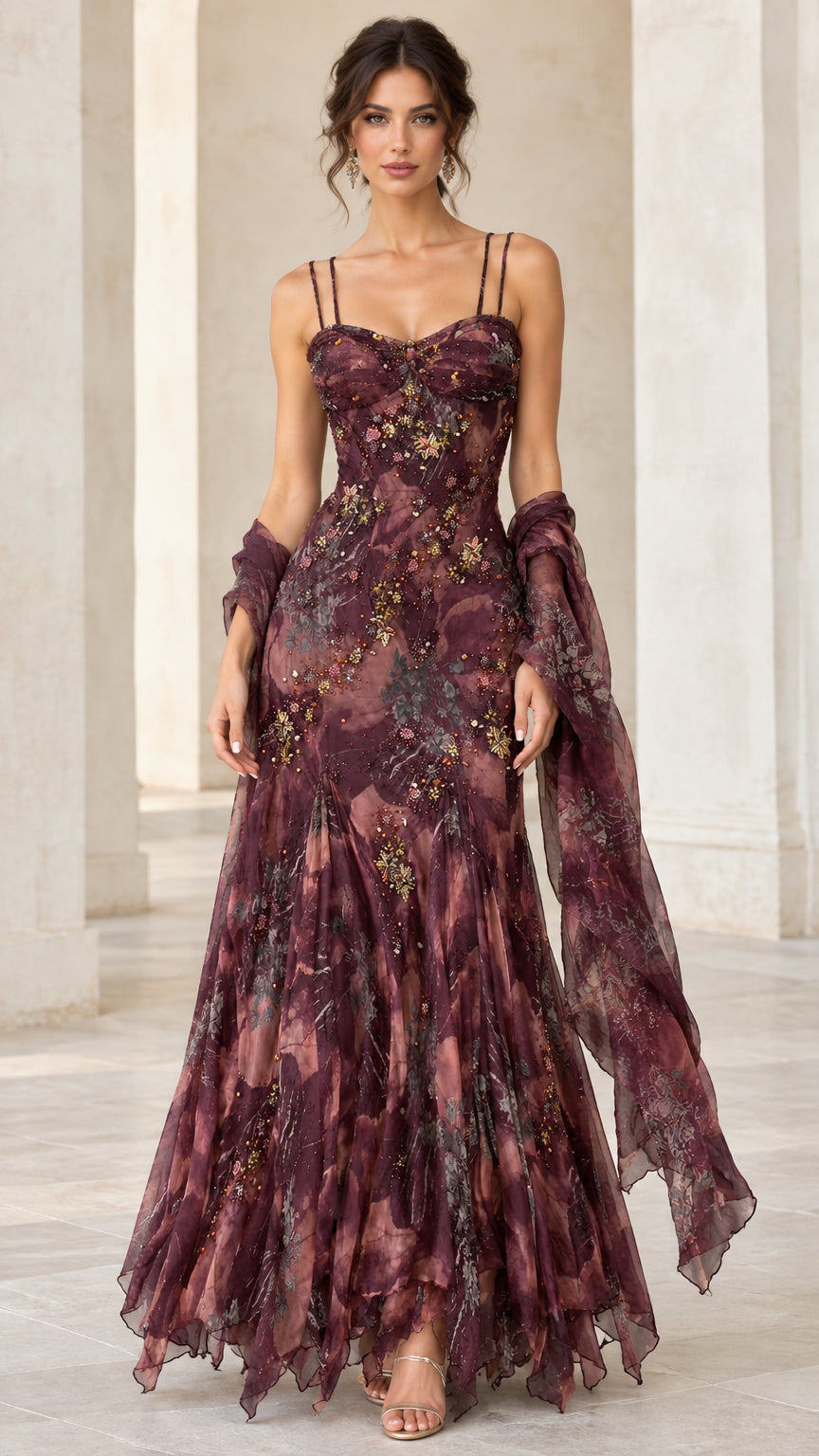 Full-length front view of woman wearing burgundy floral sweetheart maxi evening dress with matching shawl