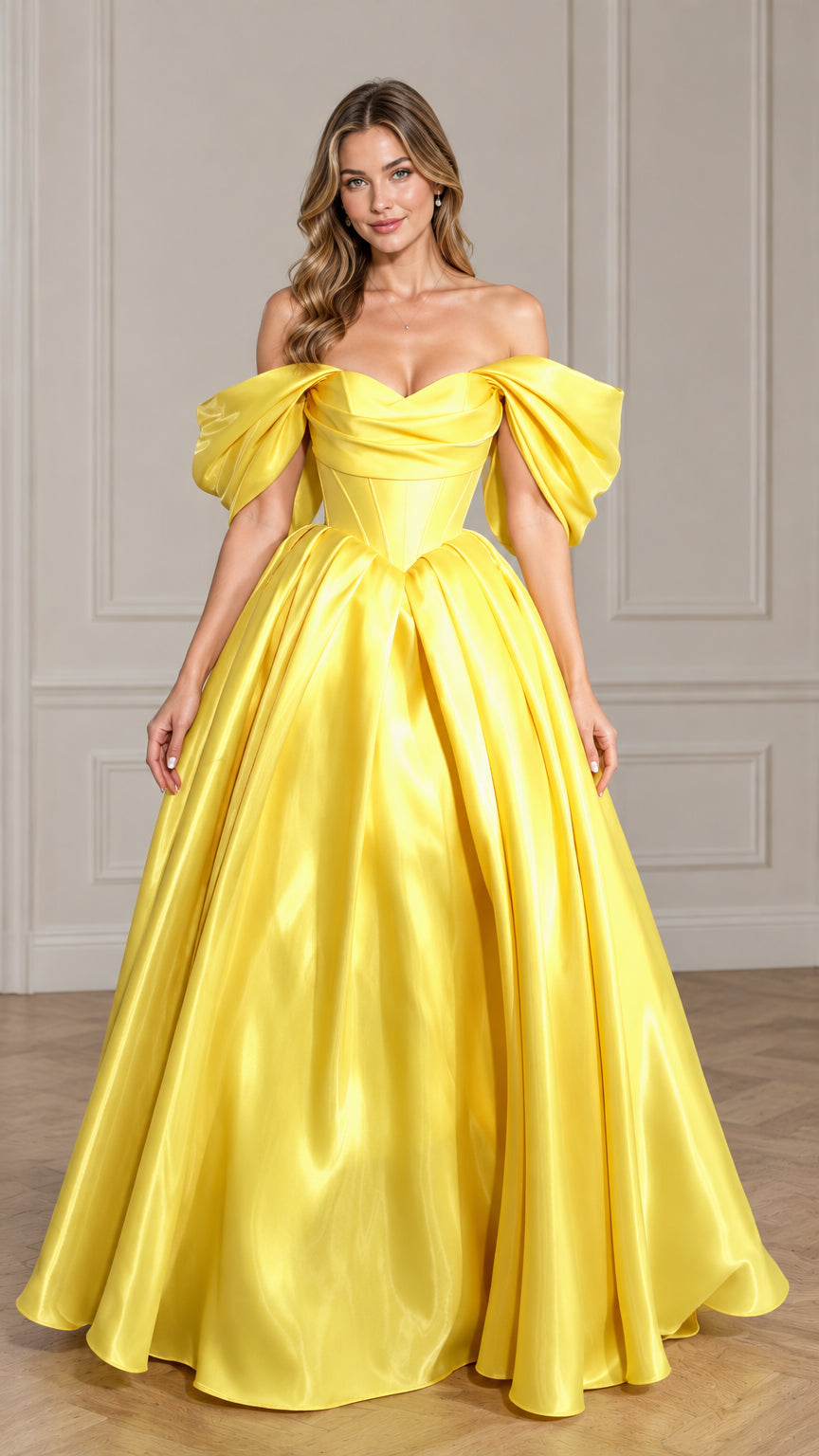 Front view of model wearing a bright yellow off-the-shoulder corset satin ball gown