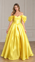 Front view of model wearing a bright yellow off-the-shoulder corset satin ball gown
