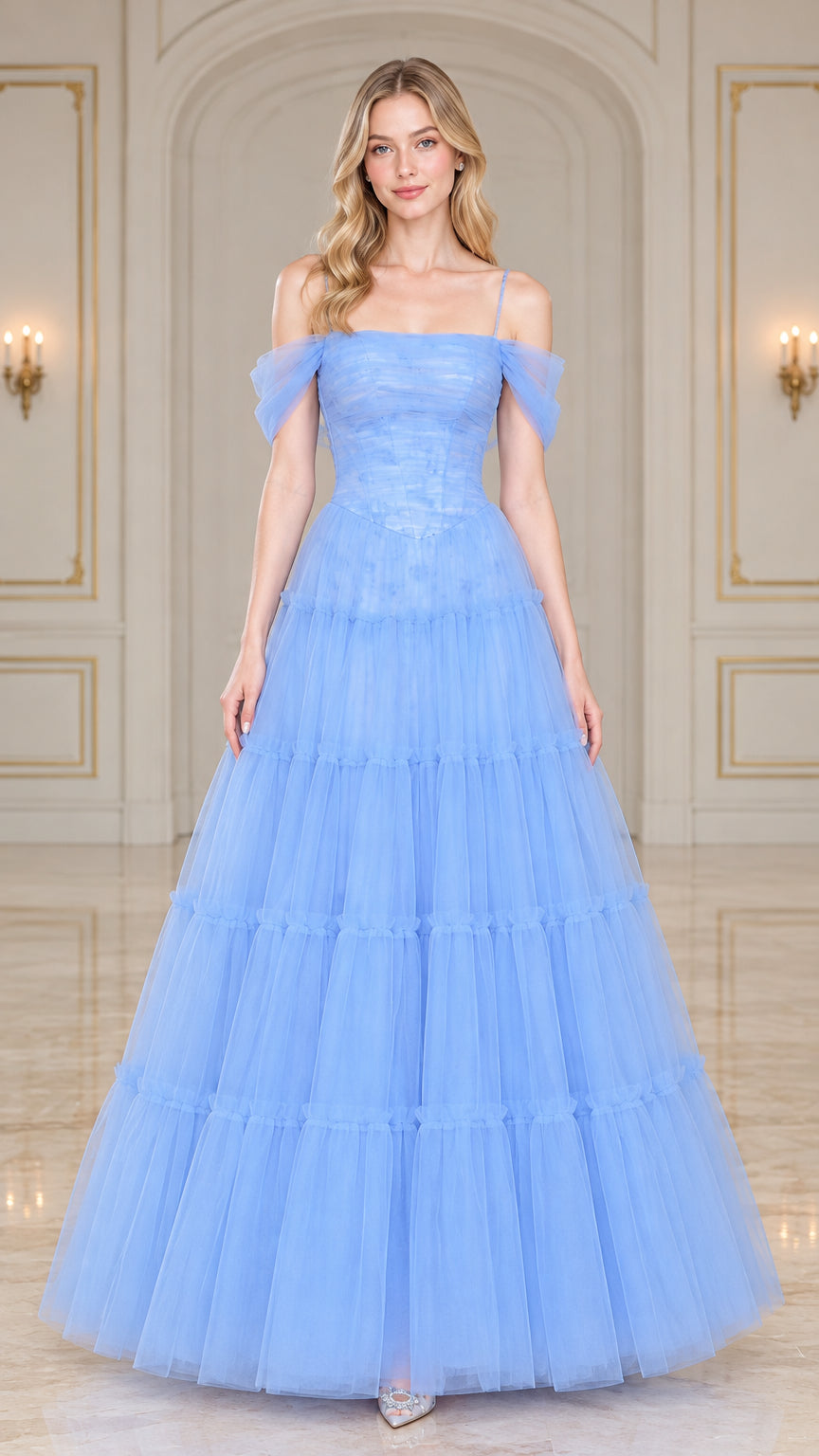 Light blue off-the-shoulder tiered tulle evening gown front view