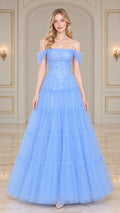 Light blue off-the-shoulder tiered tulle evening gown front view