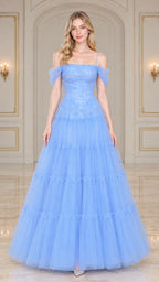 Light blue off-the-shoulder tiered tulle evening gown front view