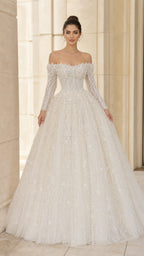 Front view of ivory off-the-shoulder long sleeve pearl beaded ball gown