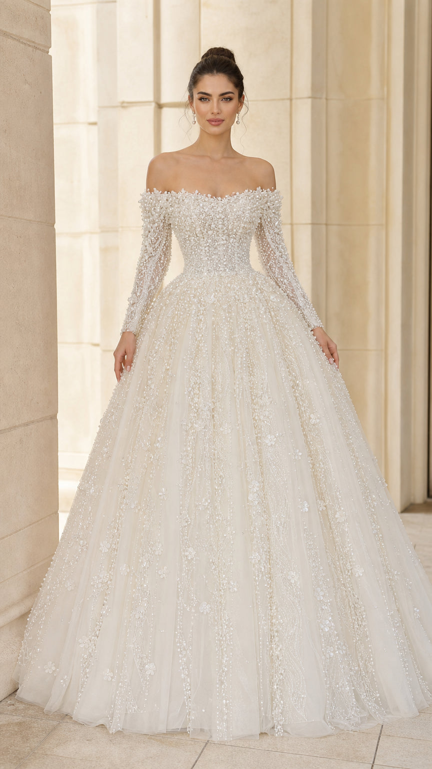 Front view of ivory off-the-shoulder long sleeve pearl beaded ball gown