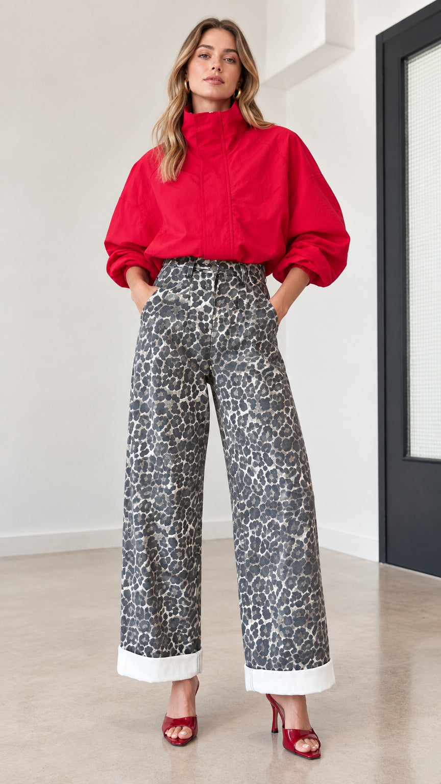 Front full view of woman wearing red high-neck blouson top and grey animal print wide-leg pants with contrast cuffs