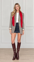 Front full view of brown houndstooth blazer with red drape scarf
