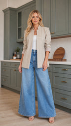 Women's beige stand collar open front textured blazer front view with wide-leg jeans