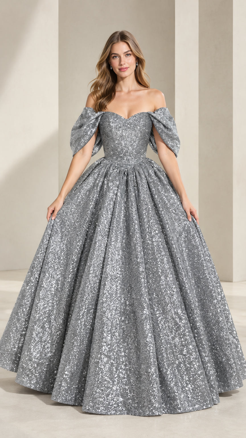 Front view of model wearing silver gray off-shoulder glitter sequin ball gown