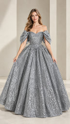 Front view of model wearing silver gray off-shoulder glitter sequin ball gown