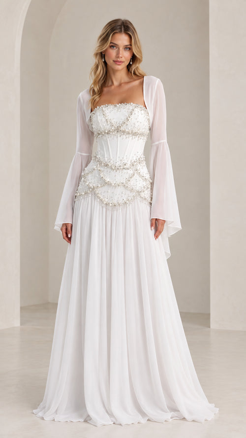 White beaded corset maxi evening gown with sheer bell sleeve shrug front view