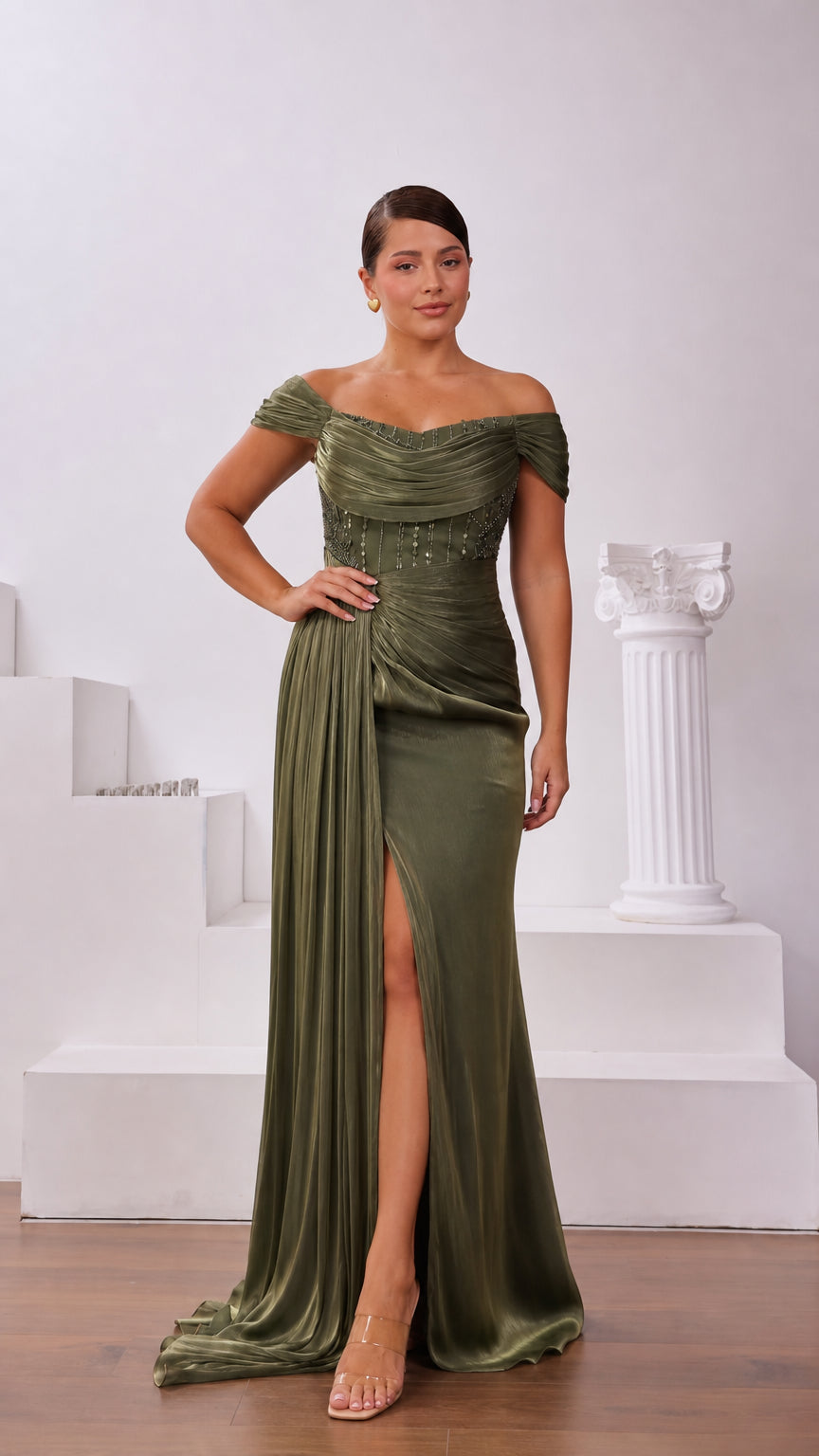 Olive Green off-the-shoulder ruched evening gown with high leg slit and beaded waist