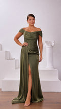 Olive Green off-the-shoulder ruched evening gown with high leg slit and beaded waist