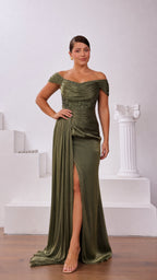 Olive Green off-the-shoulder ruched evening gown with high leg slit and beaded waist