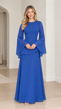 Front full-length view of royal blue long bell sleeve chiffon maxi evening dress