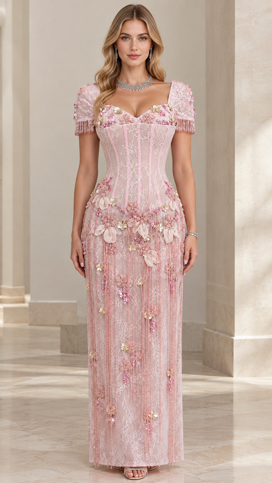 Front full view of woman wearing pink floral appliqué corset maxi gown with fringe sleeves