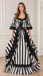 Front view of model wearing black and white striped Victorian ballgown dress with lace neckline and bell sleeves
