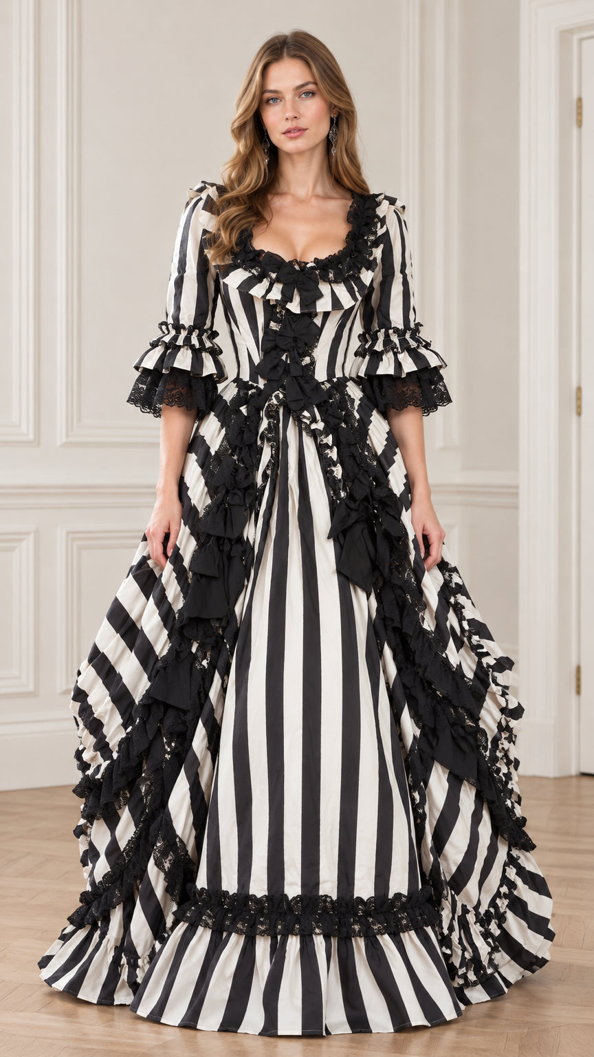 Front view of model wearing black and white striped Victorian ballgown dress with lace neckline and bell sleeves