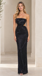 Front view of model wearing a floor-length strapless black sequin evening gown with side cutouts