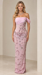 Front view of model wearing a dusty rose off-the-shoulder beaded column evening gown