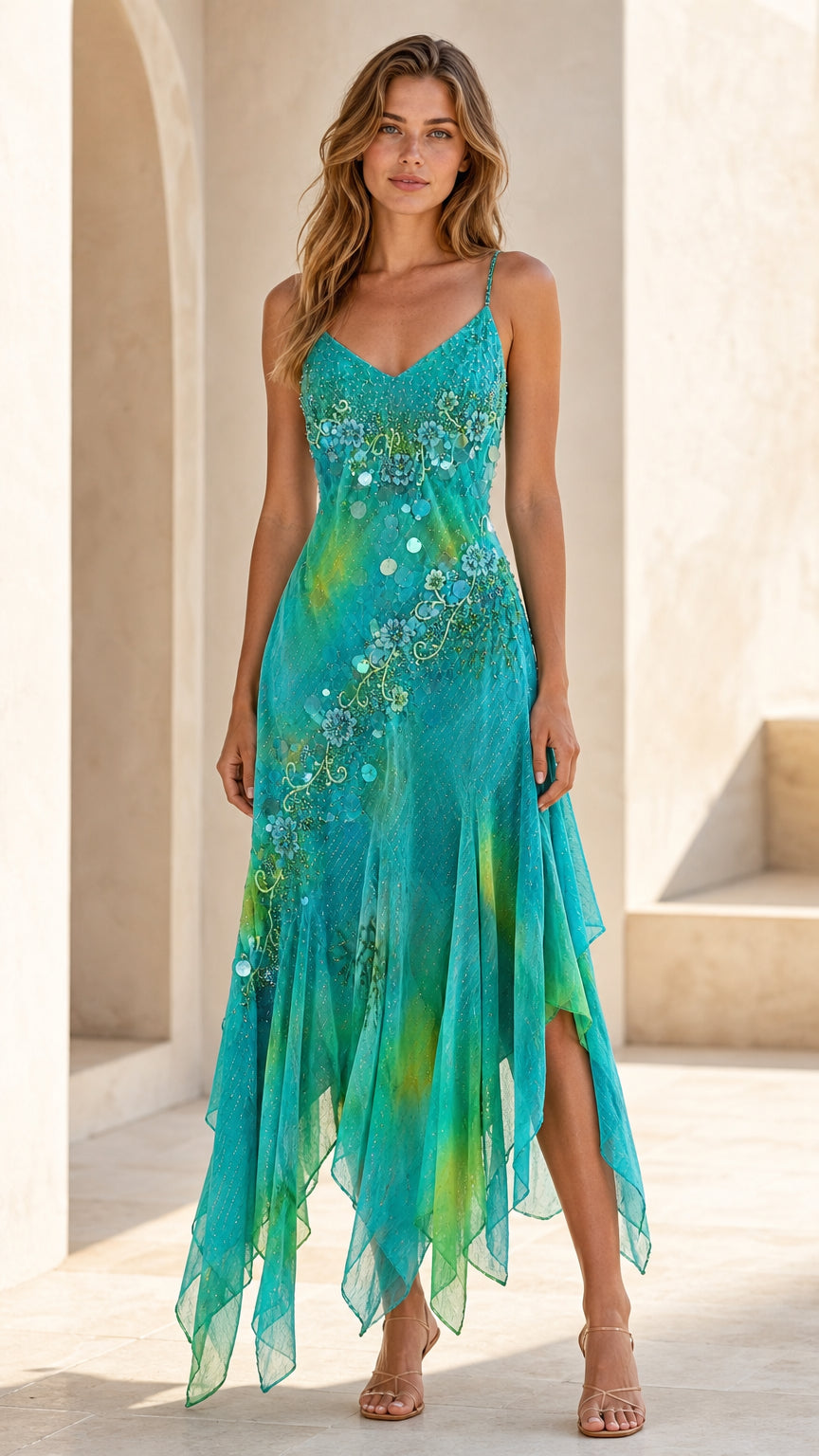 Full front view of turquoise floral sequin embroidered handkerchief hem cami dress