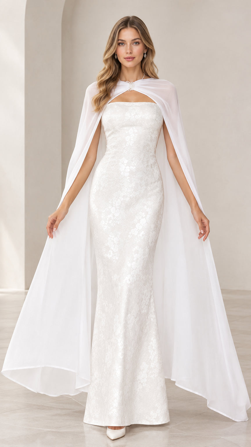 Front view of model wearing white strapless floral lace mermaid gown with sheer white floor-length cape