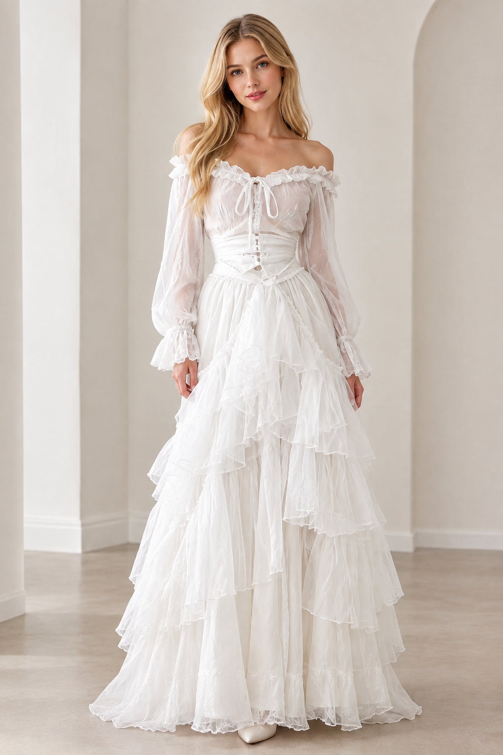 White off-shoulder tiered ruffle maxi dress front view