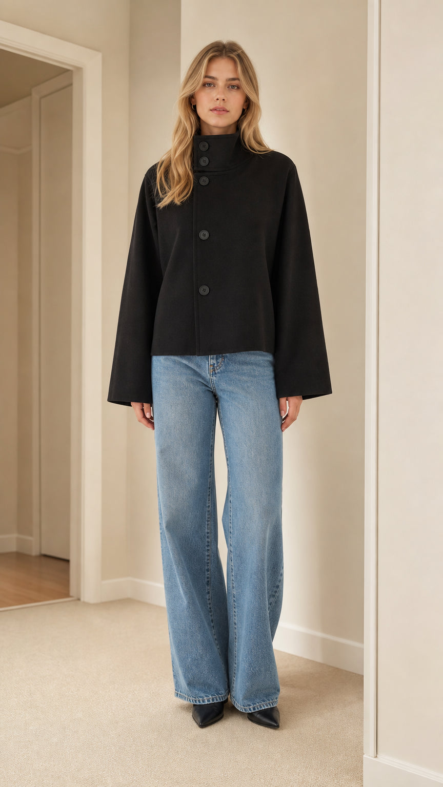 Front view of model wearing black high neck cropped jacket with wide sleeves and blue wide-leg jeans