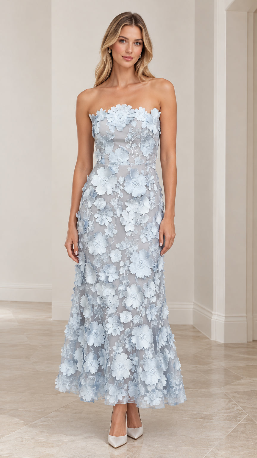Front full-length view of model wearing Light Blue strapless 3D floral applique maxi dress