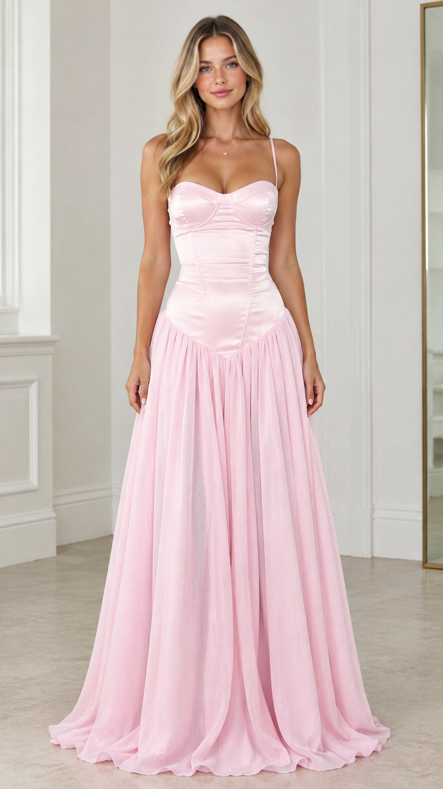 Front view of model wearing pink corset basque waist sweetheart maxi dress