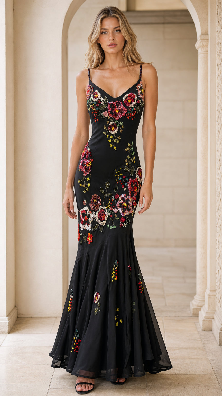 Front view of black embroidered floral beaded mermaid gown with spaghetti straps