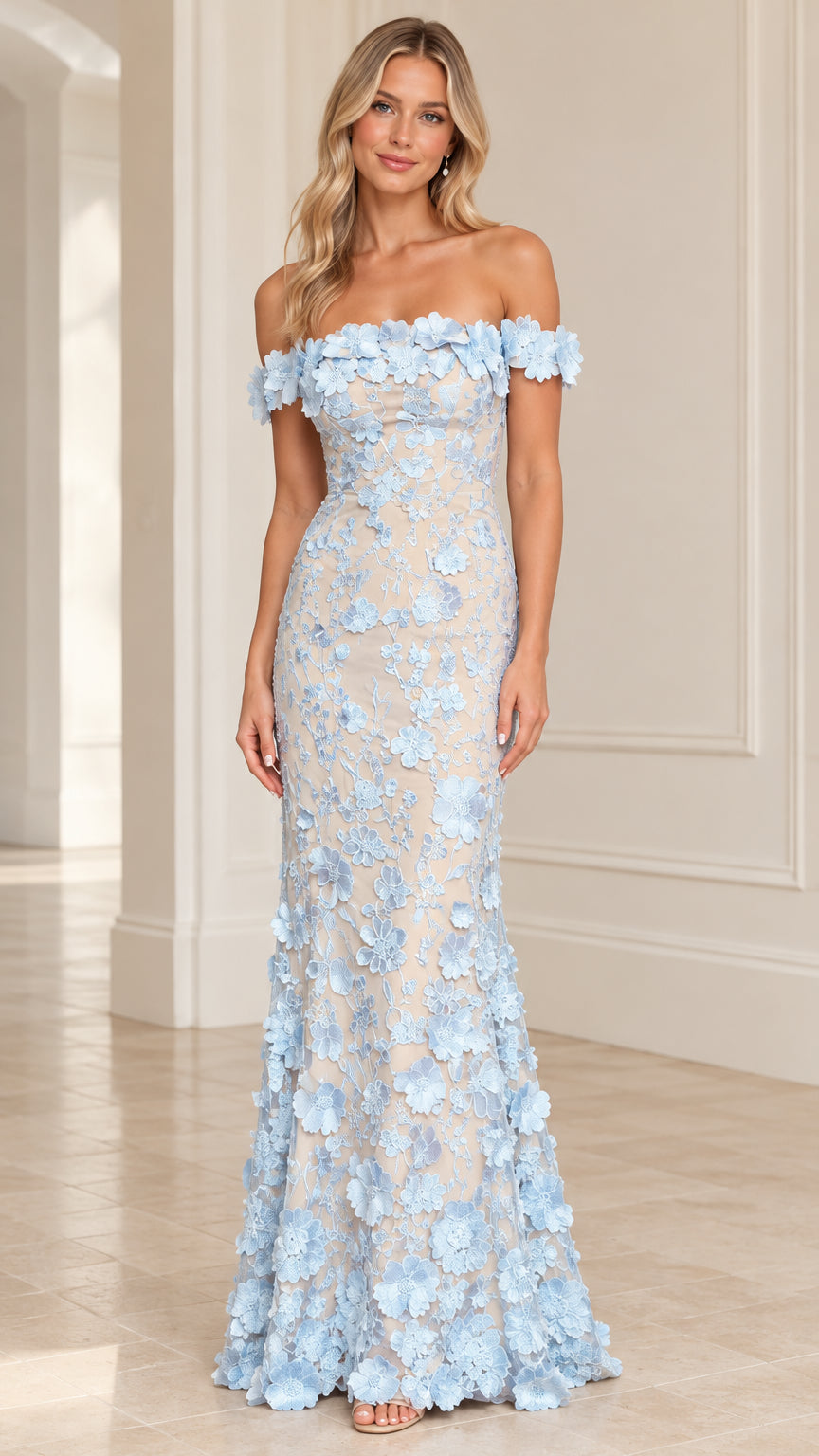Front full-length view of model wearing Light Blue off-the-shoulder 3D floral appliqué maxi gown