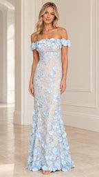 Front full-length view of model wearing Light Blue off-the-shoulder 3D floral appliqué maxi gown
