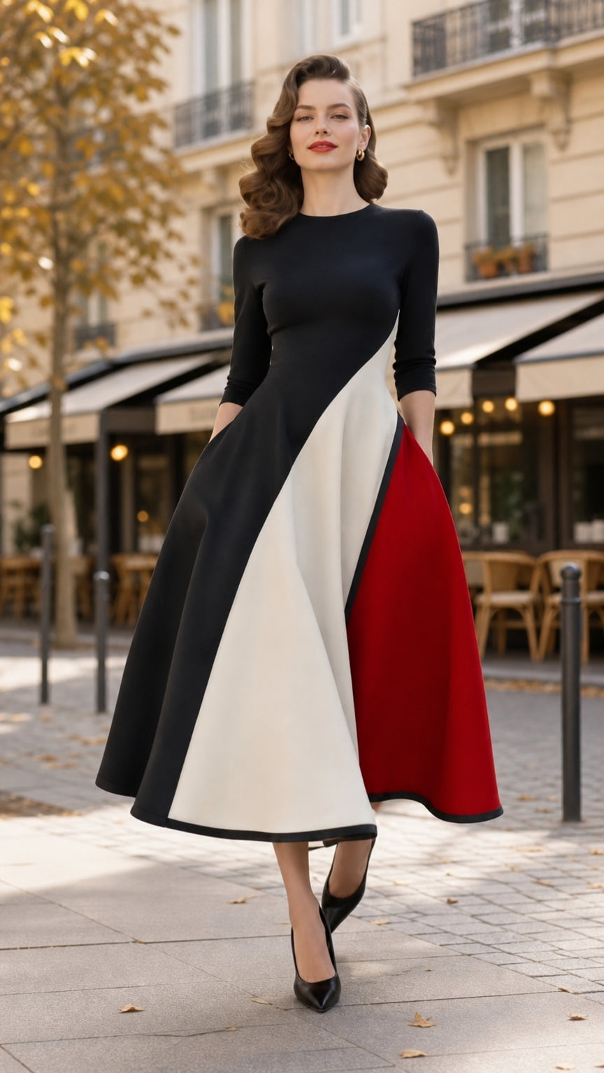 Front view of woman wearing Black colorblock vintage A-line midi dress with 3/4 sleeves