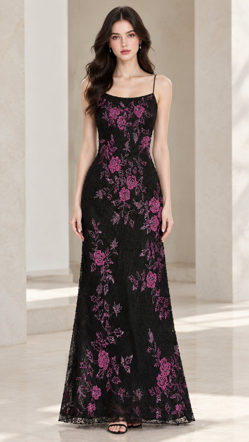 Front view of black floral sequin embroidered spaghetti strap evening maxi dress