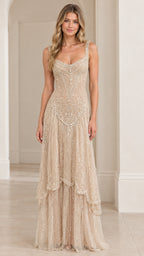Front view of model wearing Champagne scoop neck beaded tiered evening gown