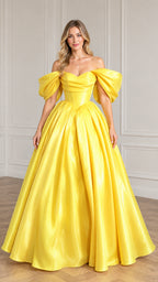 Front full-length view of the yellow off-the-shoulder corset ball gown with puff sleeves