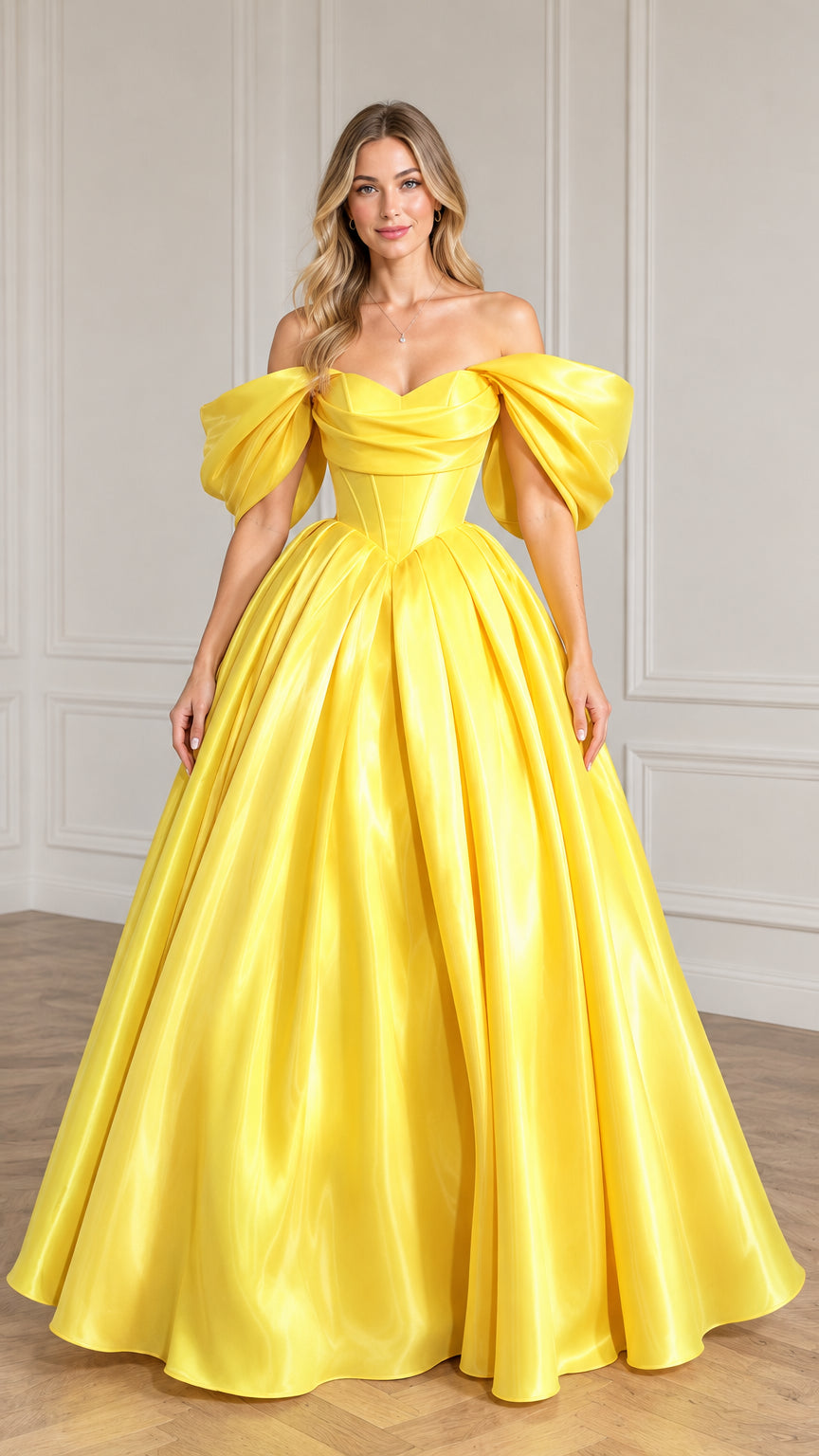 Front full-length view of the yellow off-the-shoulder corset ball gown with puff sleeves